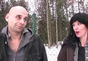 Skinny brunette with tiny boobs bangs a bald creep